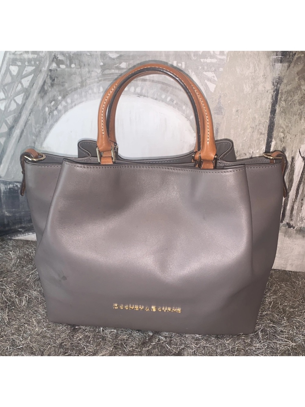 Dooney & Bourke Gray Leather Tote with Tan Handles